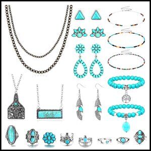 Turquoise Jewelry Set Boho Western Necklace Earrings Bracelet Rings